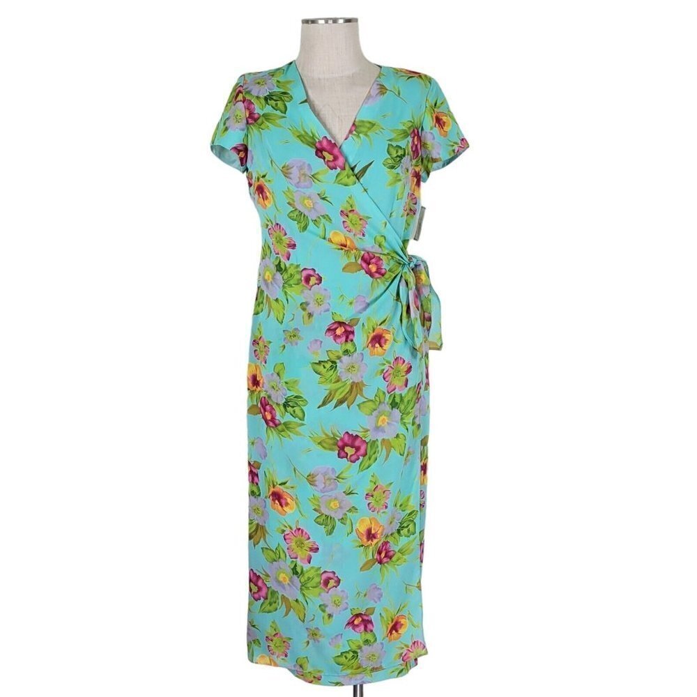 Vintage David Warren Faux Wrap Midi Dress Size 8P Floral Short Sleeve Back Zip